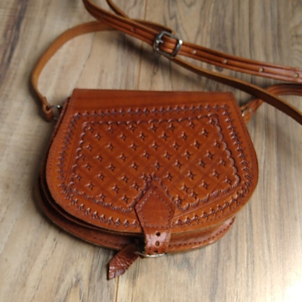 Brown Tooled Leather Boho Mini Satchel Purse - Picture 2 of 11